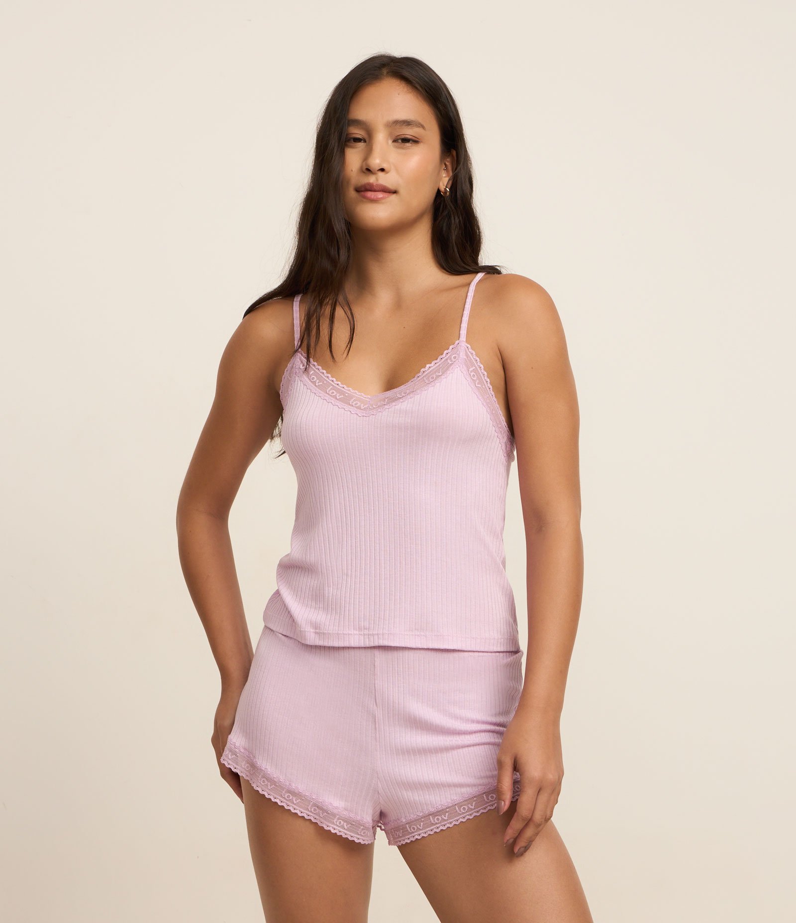 Pijama Short Doll em Ribana com Rendinha Lov Lilás 2