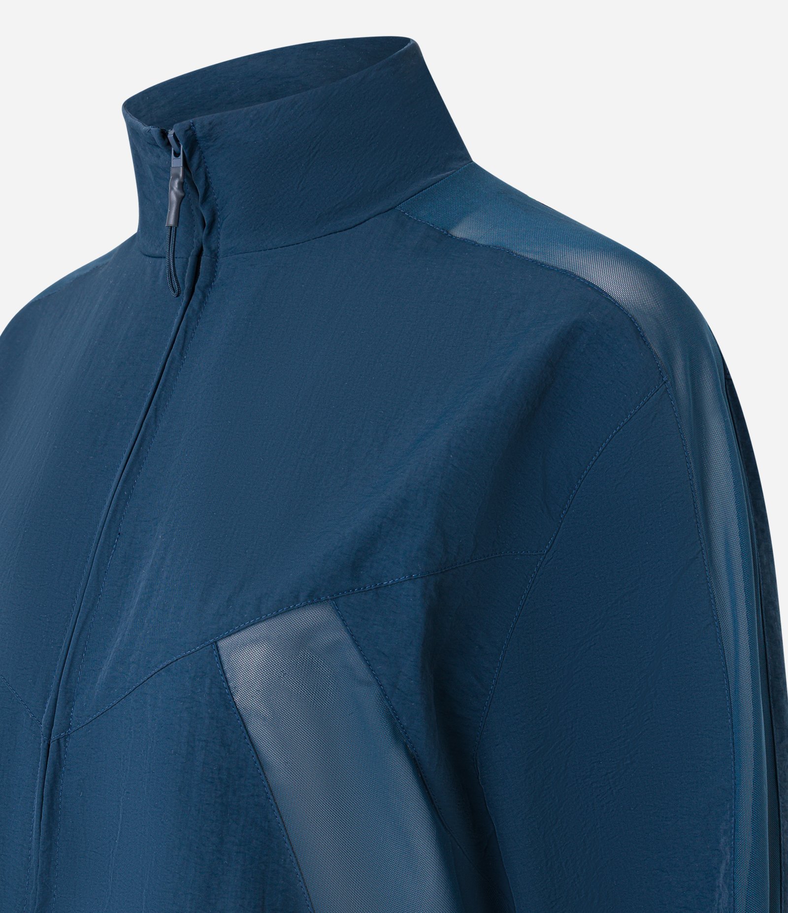 Jaqueta Corta Vendo Esportiva com Gola Alta e Recortes de Tule Azul 7