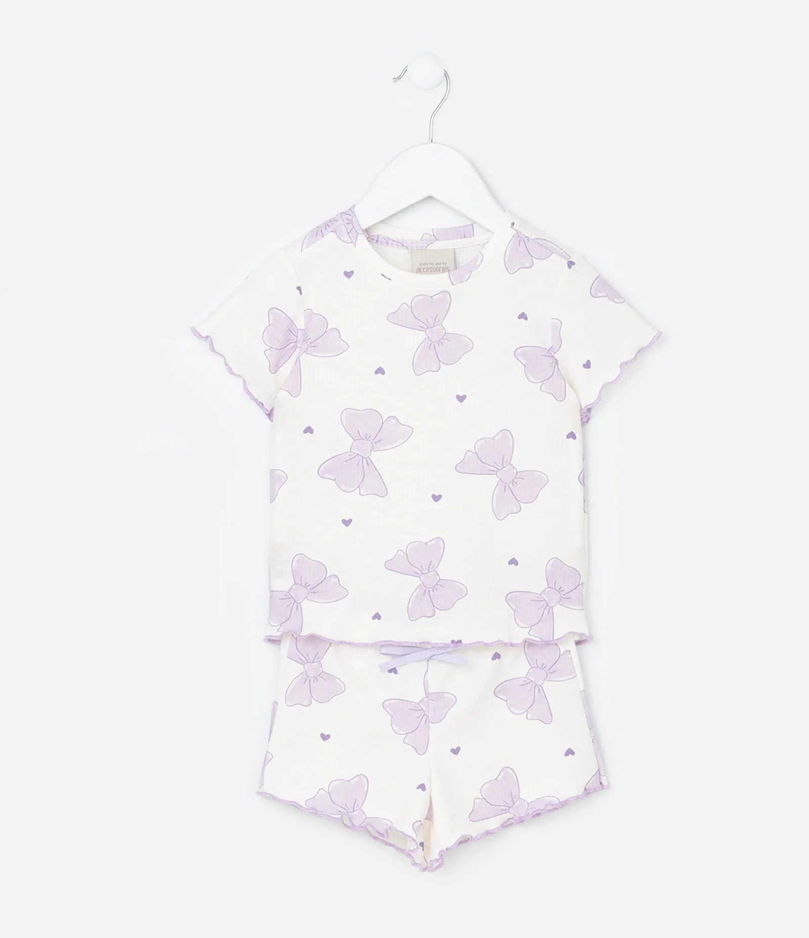 Pijama Curto Infantil em Ribana com Estampa de Laços - Tam 2 a 6 Anos Bege/Lilás 1