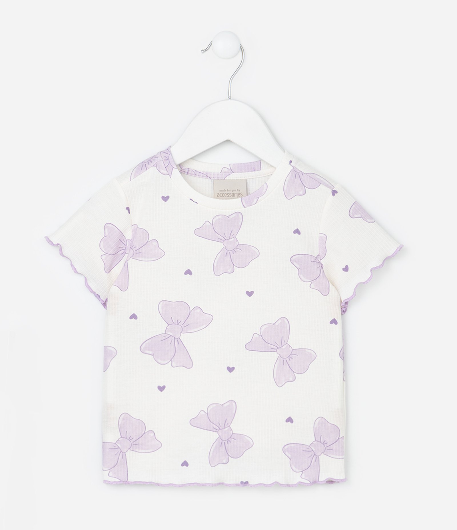 Pijama Curto Infantil em Ribana com Estampa de Laços - Tam 2 a 6 Anos Bege/Lilás 2