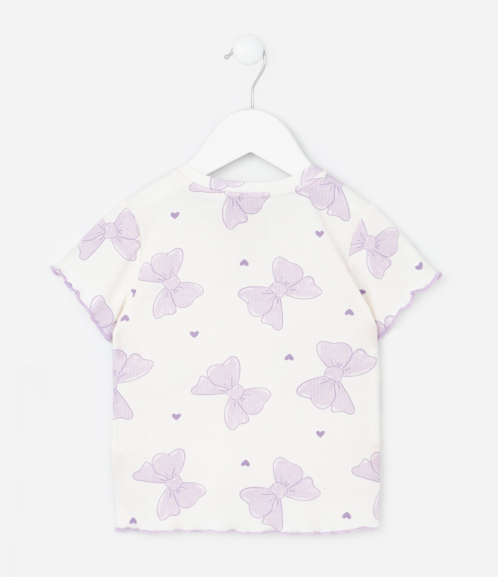 Pijama Curto Infantil em Ribana com Estampa de Laços - Tam 2 a 6 Anos Bege/Lilás 3