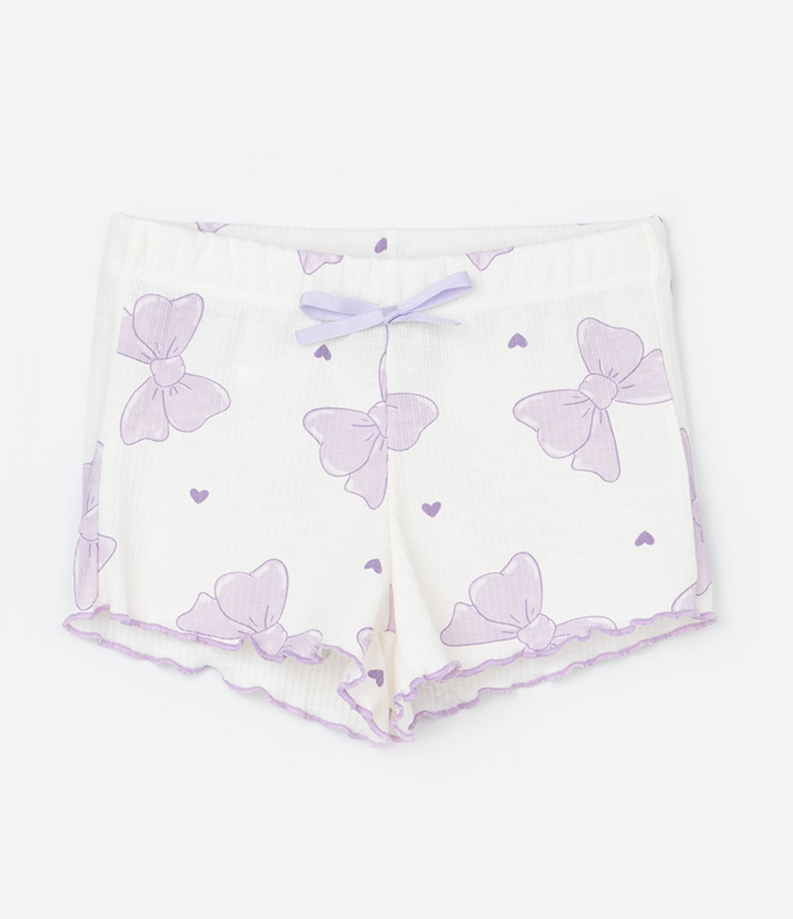 Pijama Curto Infantil em Ribana com Estampa de Laços - Tam 2 a 6 Anos Bege/Lilás 4