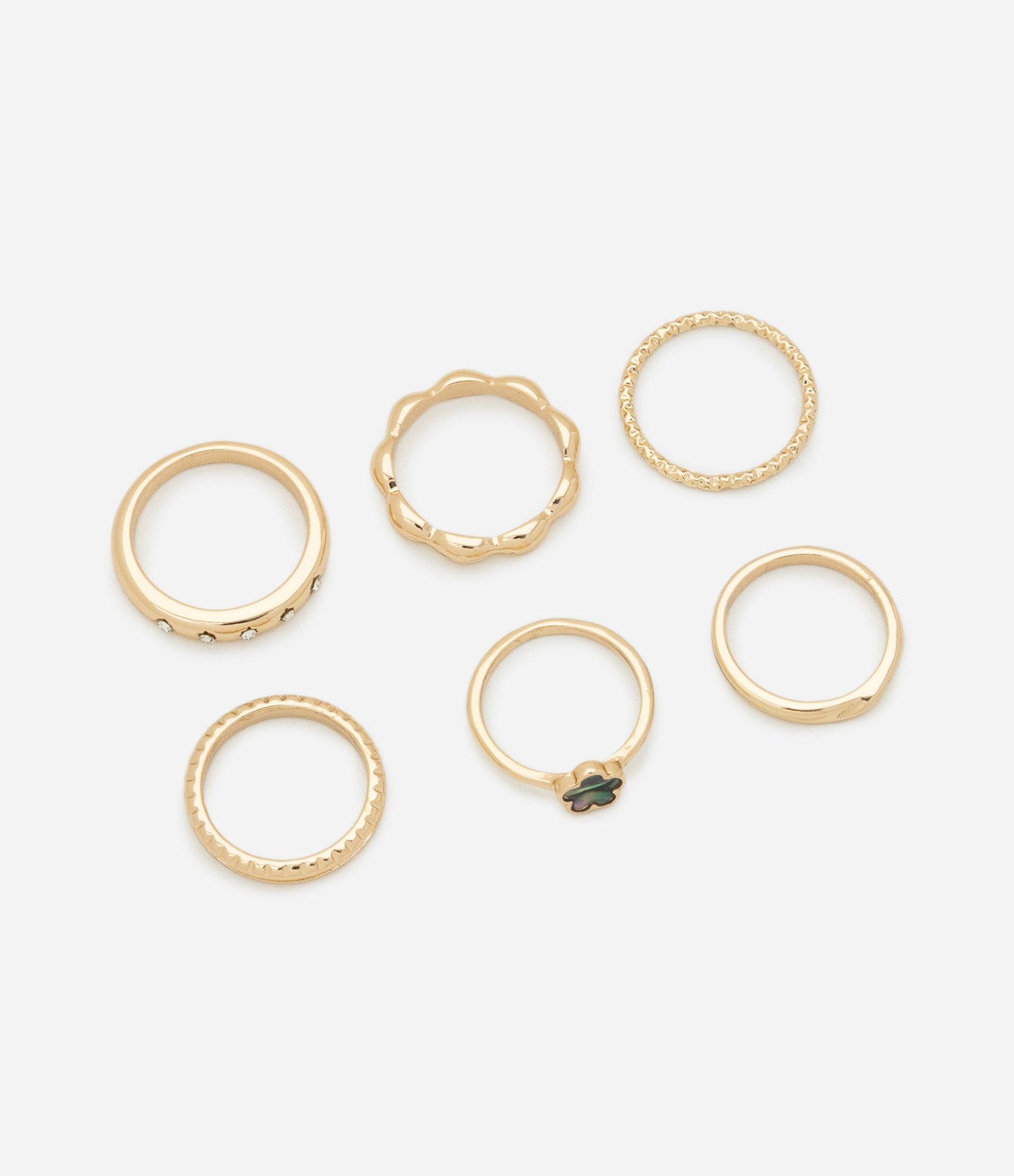 Kit 06 Anéis com Cristais e Detalhes Orgânicos com Flor Abalone Dourado 1