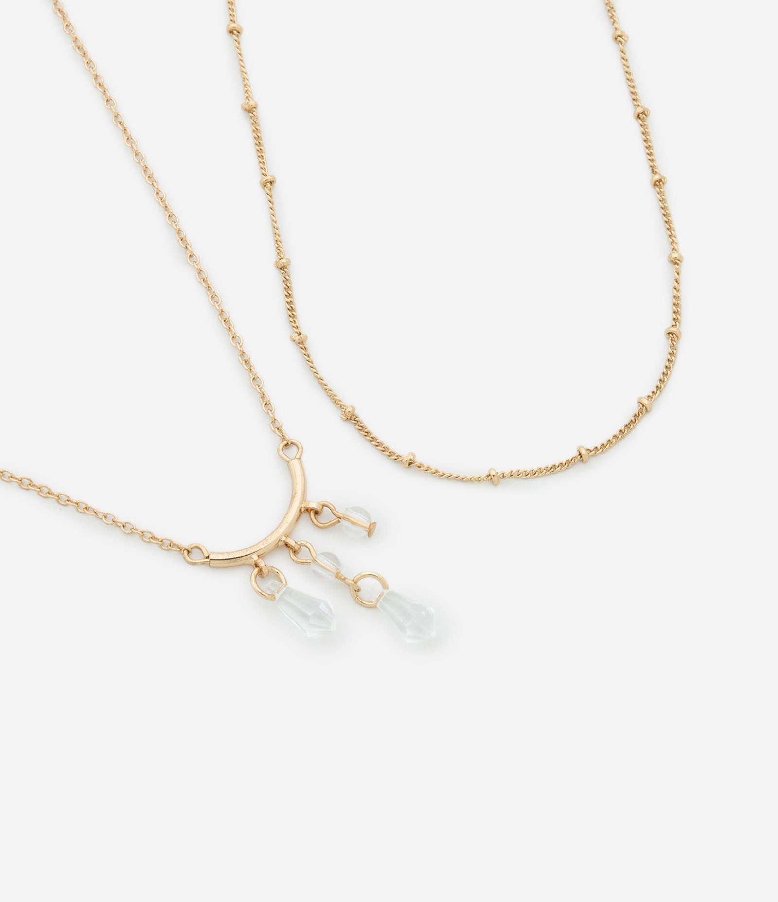 Conjunto com Colar de Camadas e Corrente de Bolinhas com Pingentes de Cristal Dourado 1