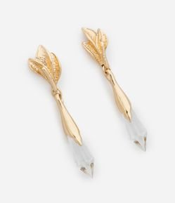 Brinco Médio com Pingente de Cristal e Base com Detalhes em Folha