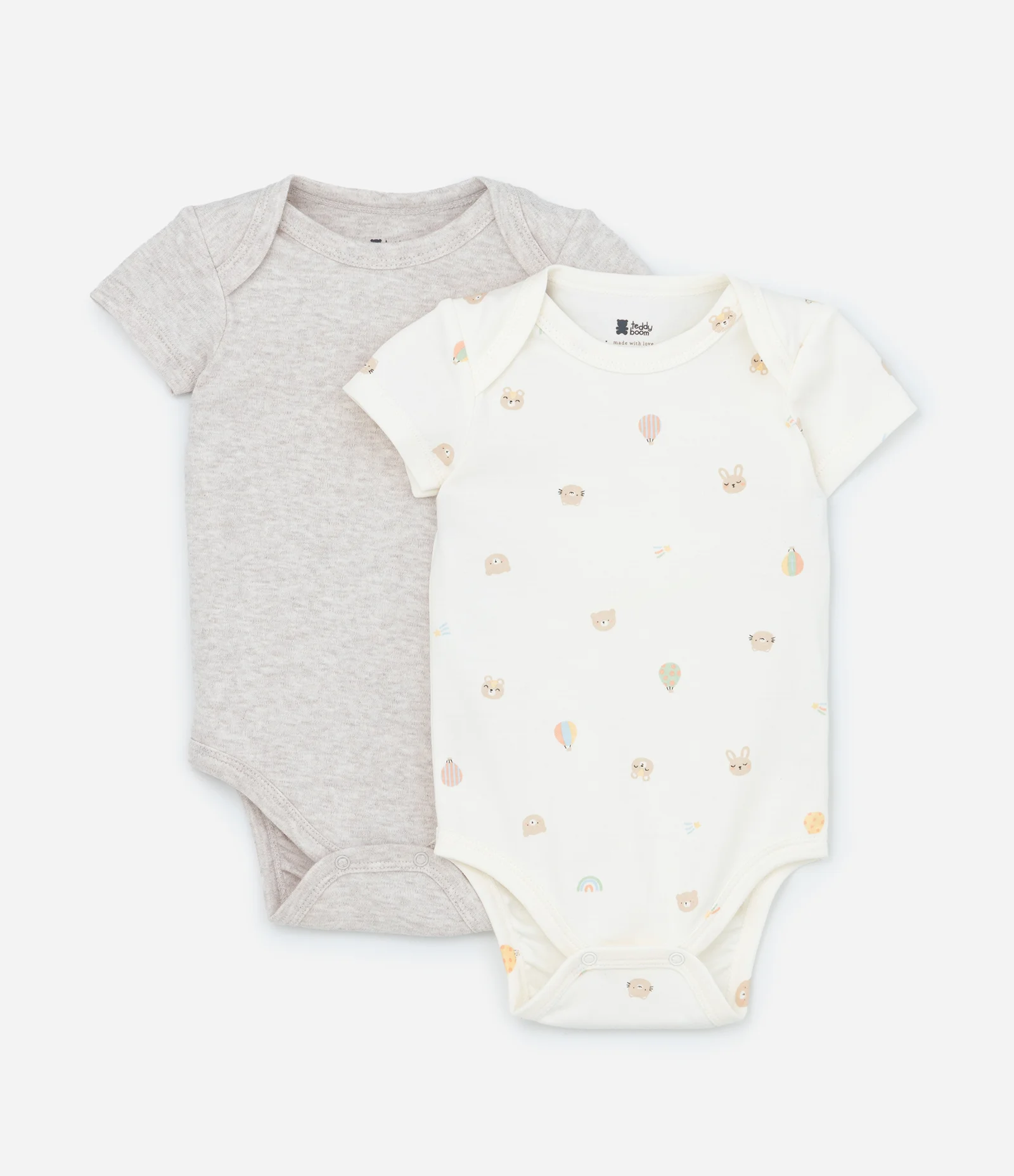 Kit 02 Bodies Infantil em Suedine com Mini Ícones – Tam RN a 12 Meses Cinza/Off White 1