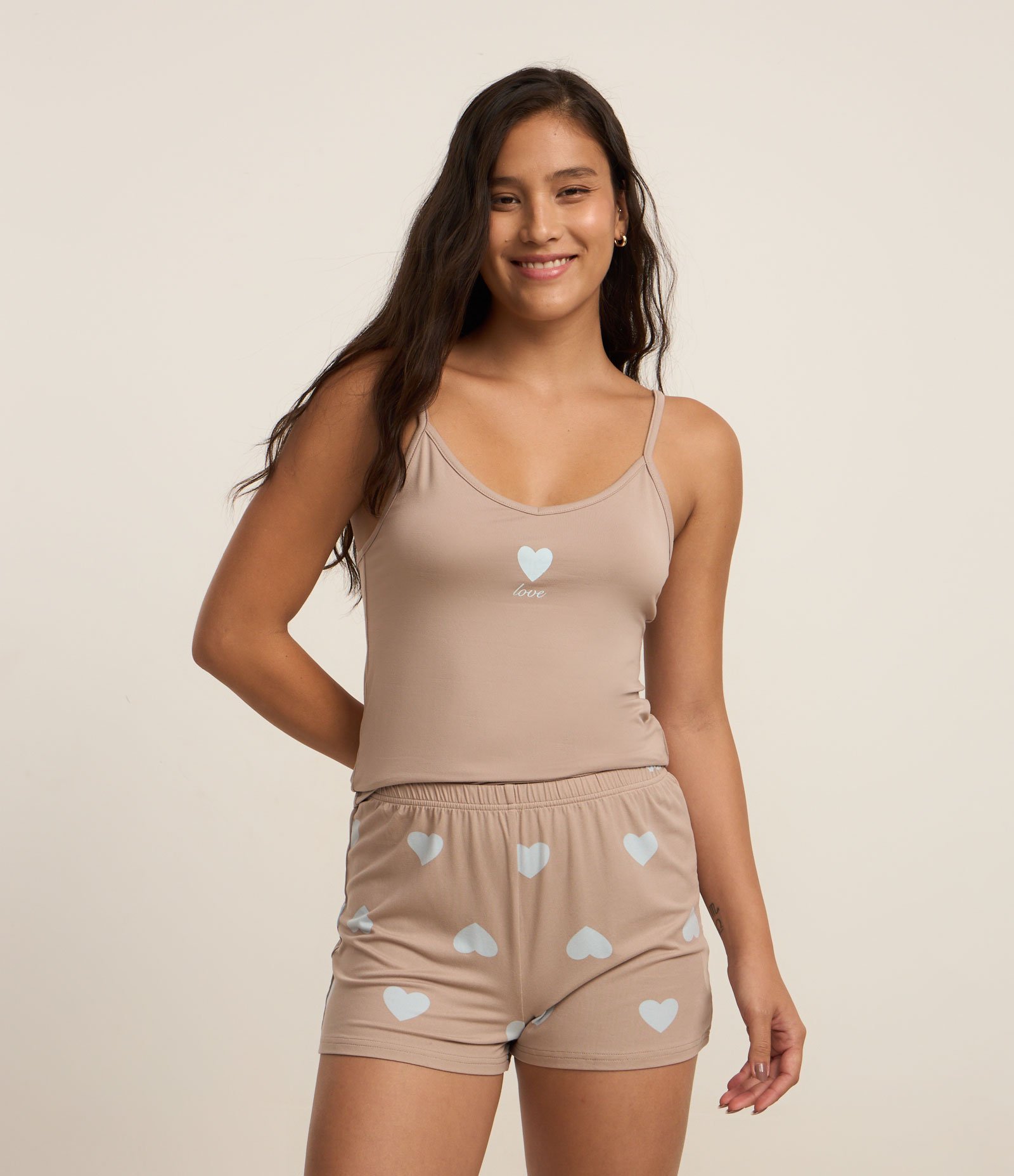 Pijama Short Doll com Peach Touch e Estampa Coração Bege 1