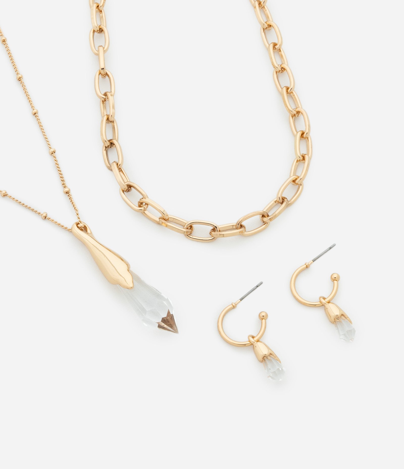 Conjunto de Colar com Pingente e Brinco Argolinha com Pingente e Correntinha Dourado 1