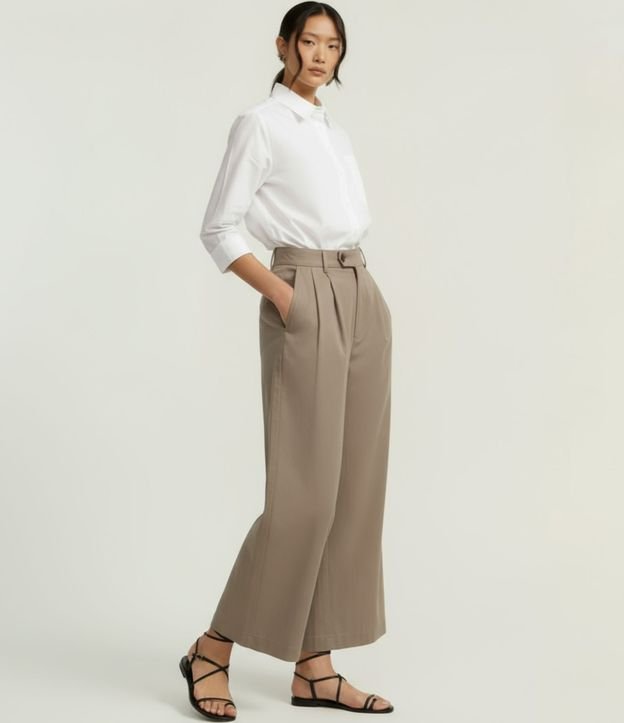 Calça Reta em Sarja com Cós Alfaiatado com Pregas