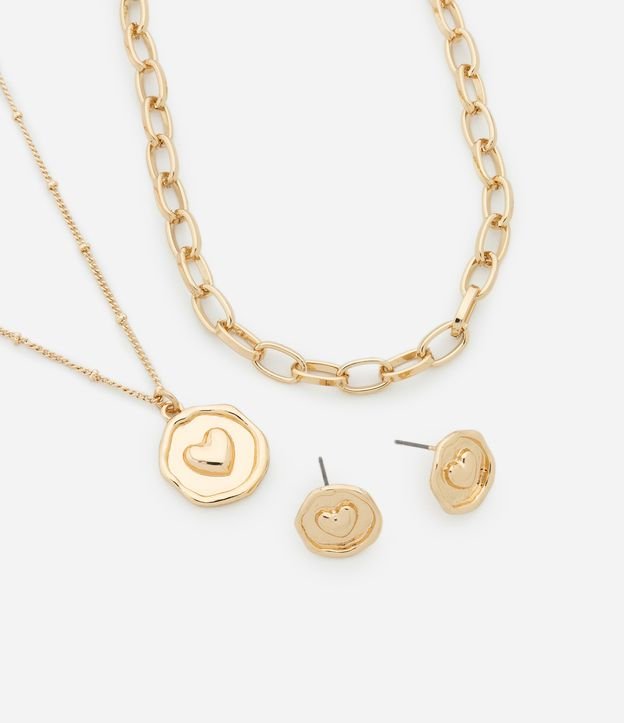 Conjunto de Colar Camadas com Elos e Pingente Botão e Brincos Botão Coração