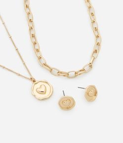 Conjunto de Colar Camadas com Elos e Pingente Botão e Brincos Botão Coração