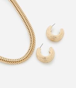 Conjunto de Colar Curto Duplo com Textura e Brincos Argola