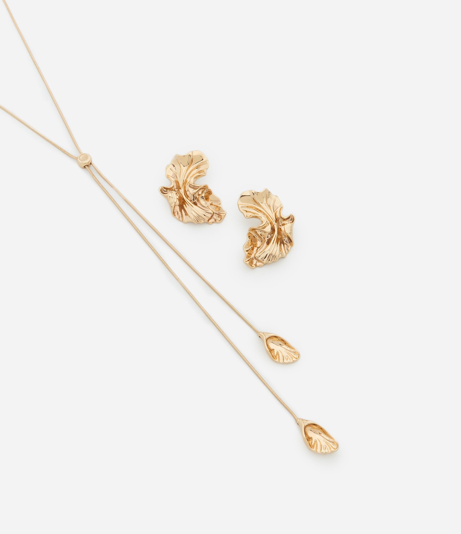 Conjunto de Colar Gravatinha Rabo de Rato  e Brinco Meia Flor Dourado 1