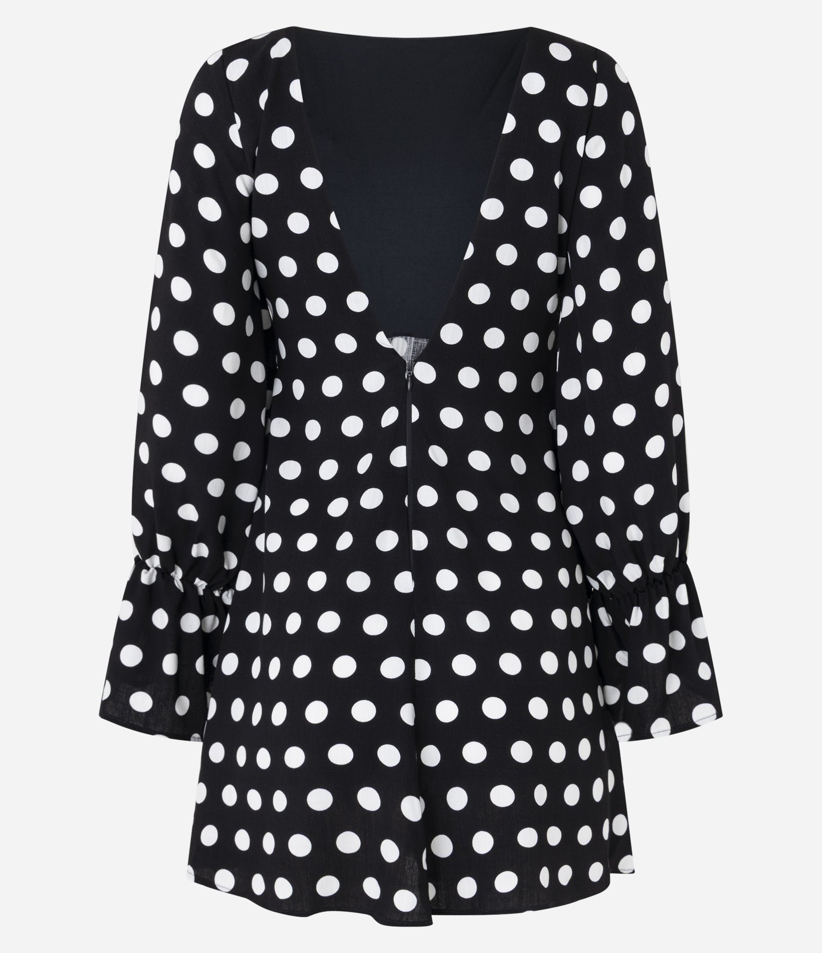 Vestido Curto em Tricoline com Amarração e Estampa Poá Preto/Branco 6