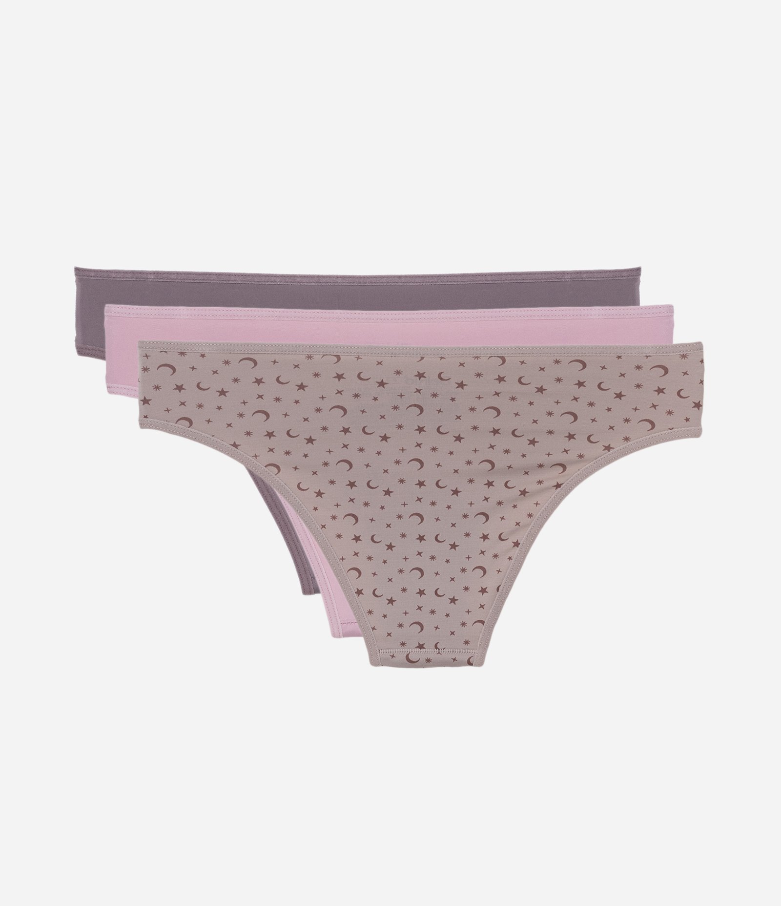 Kit 03 Calcinhas Biquíni em Microfibra com Estampa de Lua DelRio Roxo/Rosa/Bege 2
