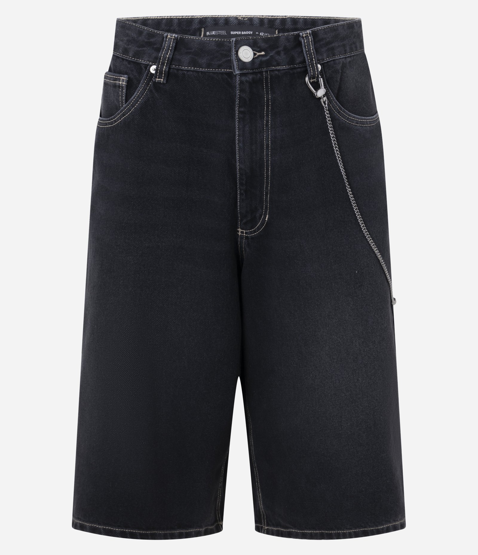 Bermuda Super Baggy em Jeans com Bolsos Grandes e Corrente Preto 7