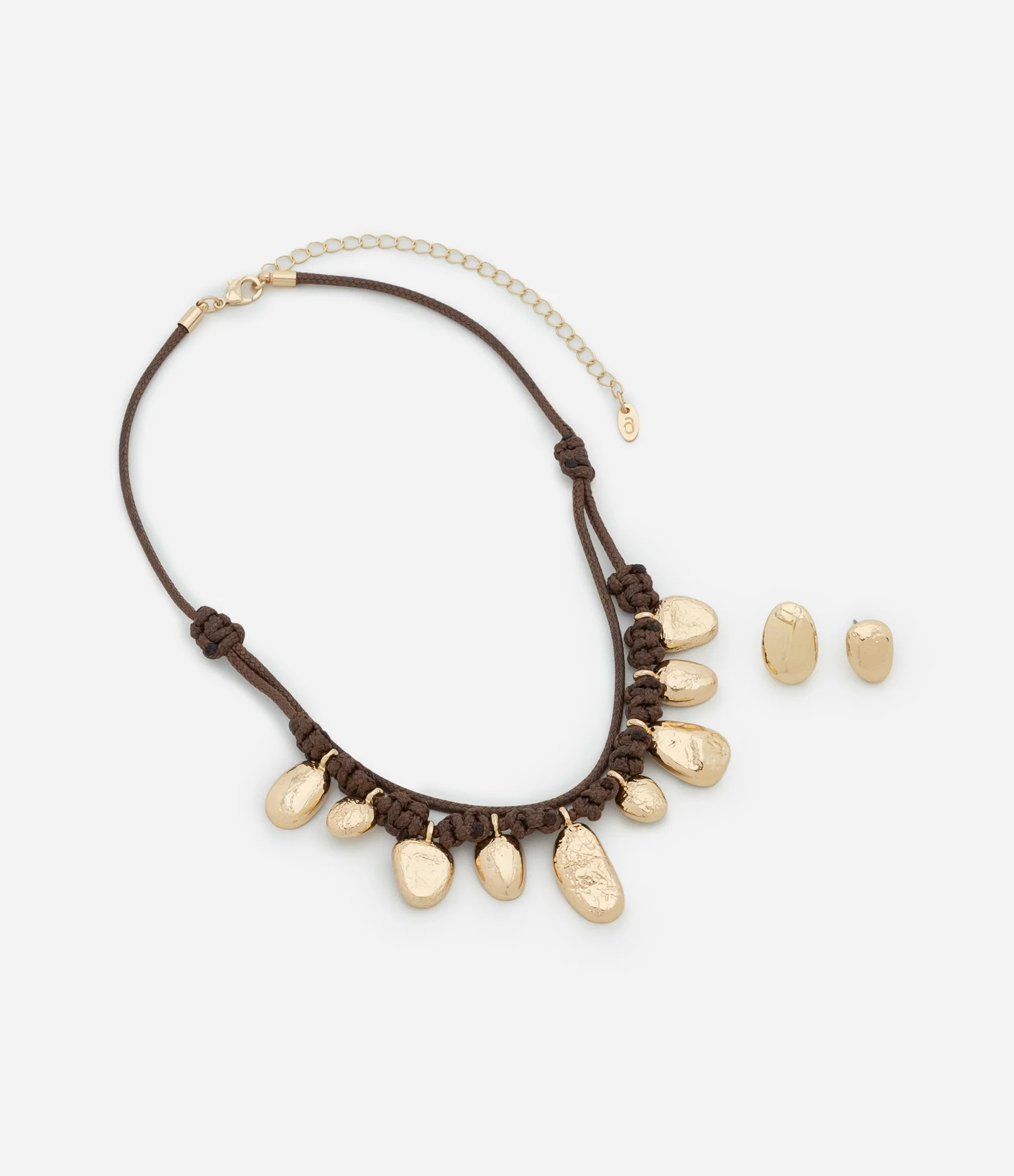 Conjunto de Colar Encerado com Pingentes e Brinco Botão Efeito Envelhecido Marrom/Dourado 2