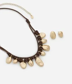Conjunto de Colar Encerado com Pingentes e Brinco Botão Efeito Envelhecido