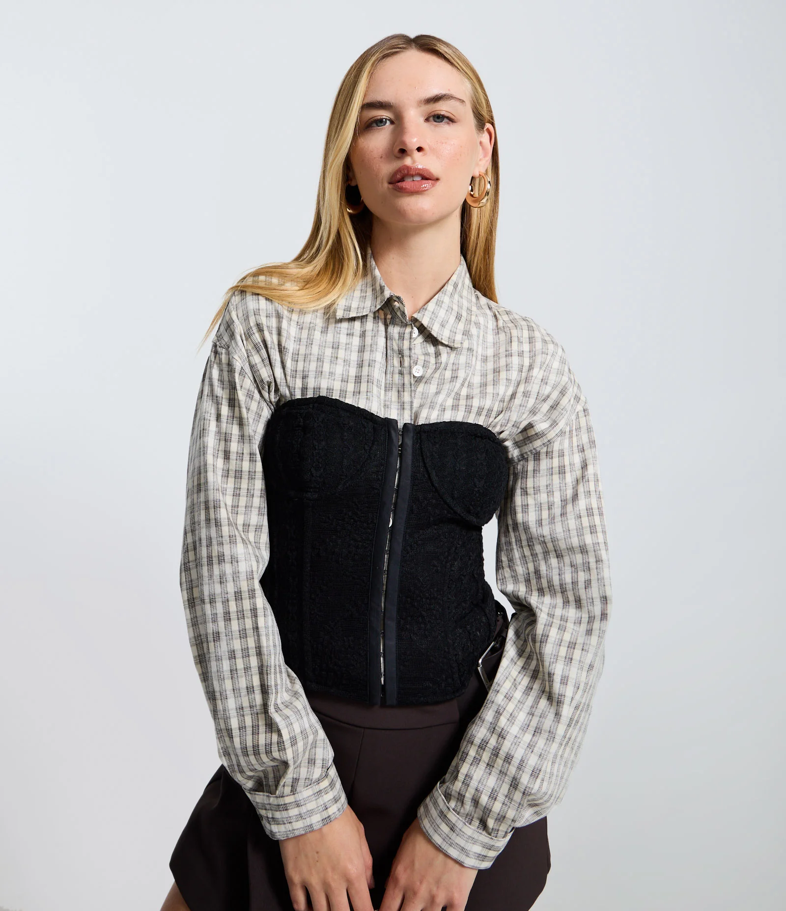 Camisa Slim Xadrez Lavado em Tricoline Bege 1