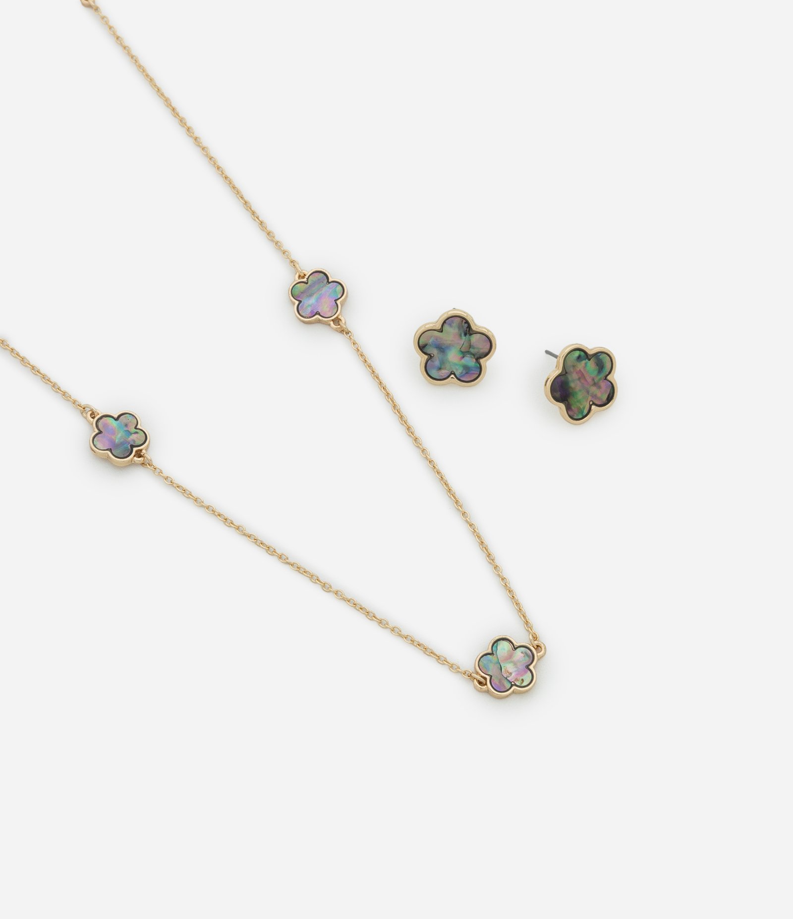 Conjunto de Colar com Pingente de Flores e Brinco Botão Dourado 1