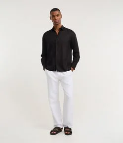 Calça Básica e Texturizada em Cotton com Cós Elástico