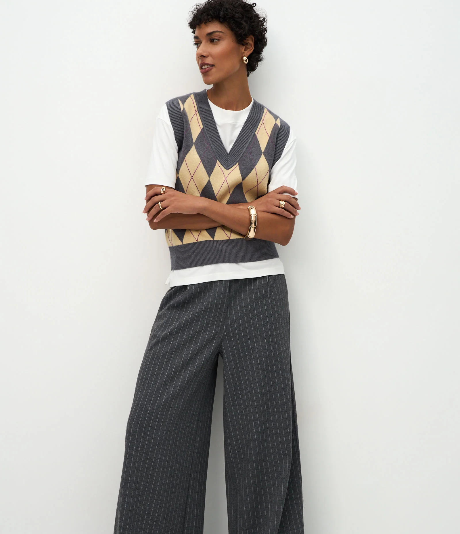 Calça Pantalona em Modal com Risca de Giz Cinza 2