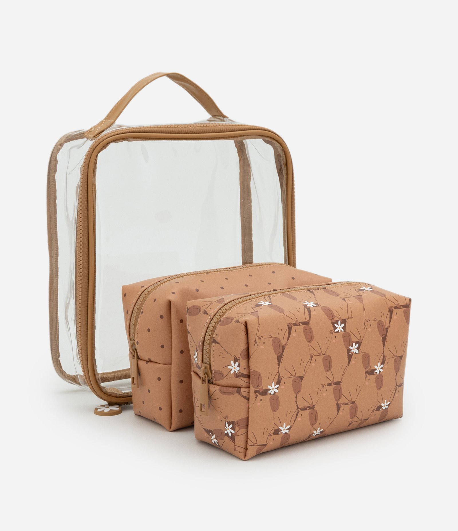 Kit 03 Necessaires com Estampa de Capivaras Marrom 1