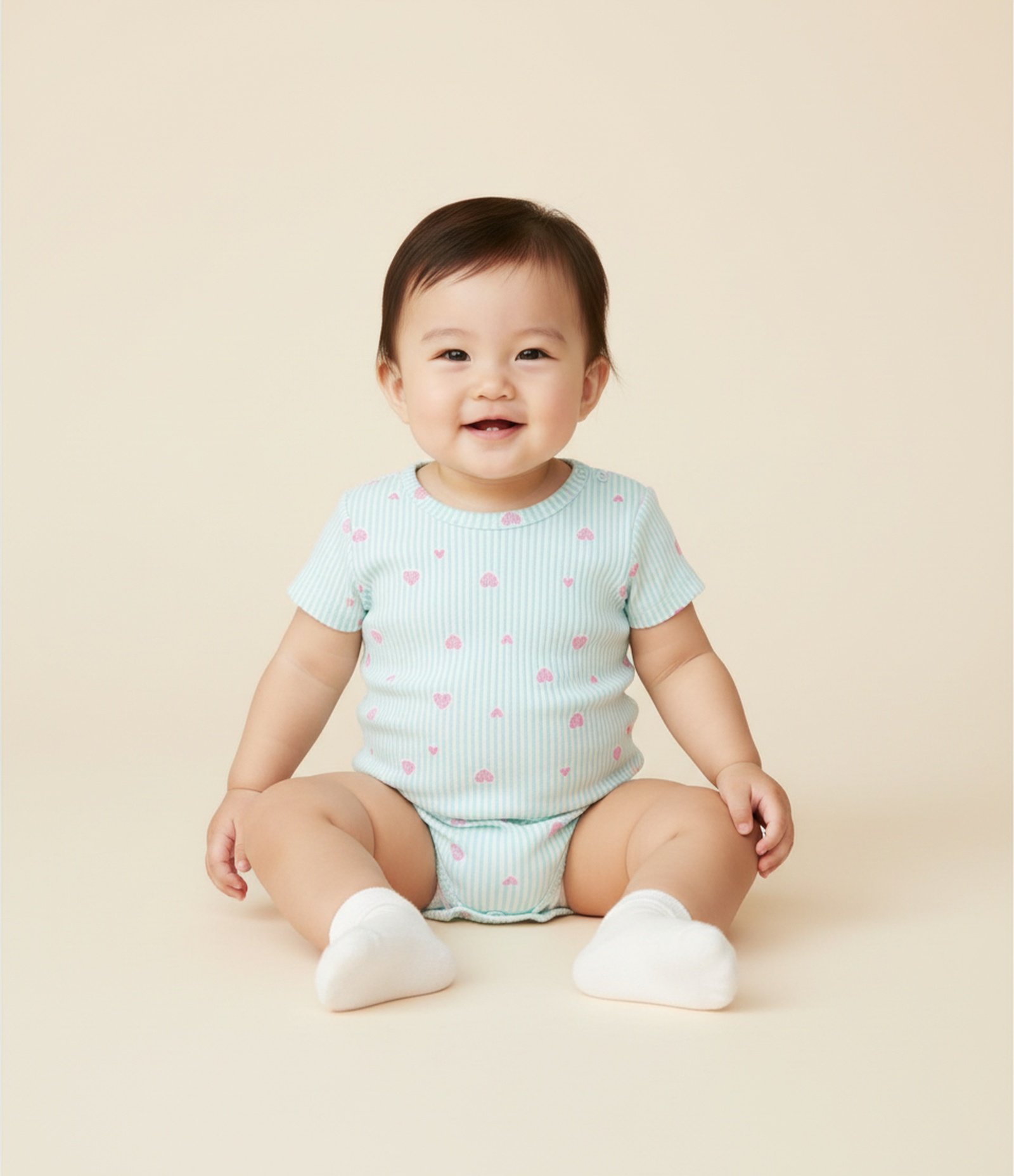 Body Infantil Listrado com Estampa Conchas e Corações – Tam RN a 18 Meses Verde Água 1