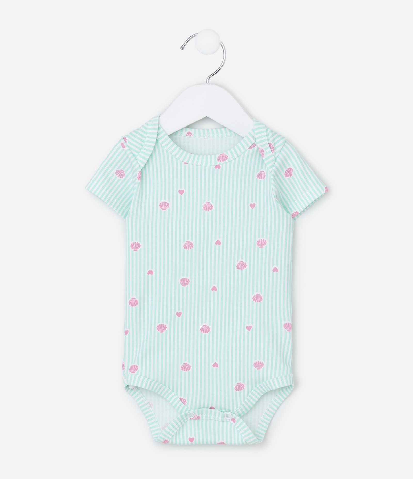 Body Infantil Listrado com Estampa Conchas e Corações – Tam RN a 18 Meses Verde Água 1