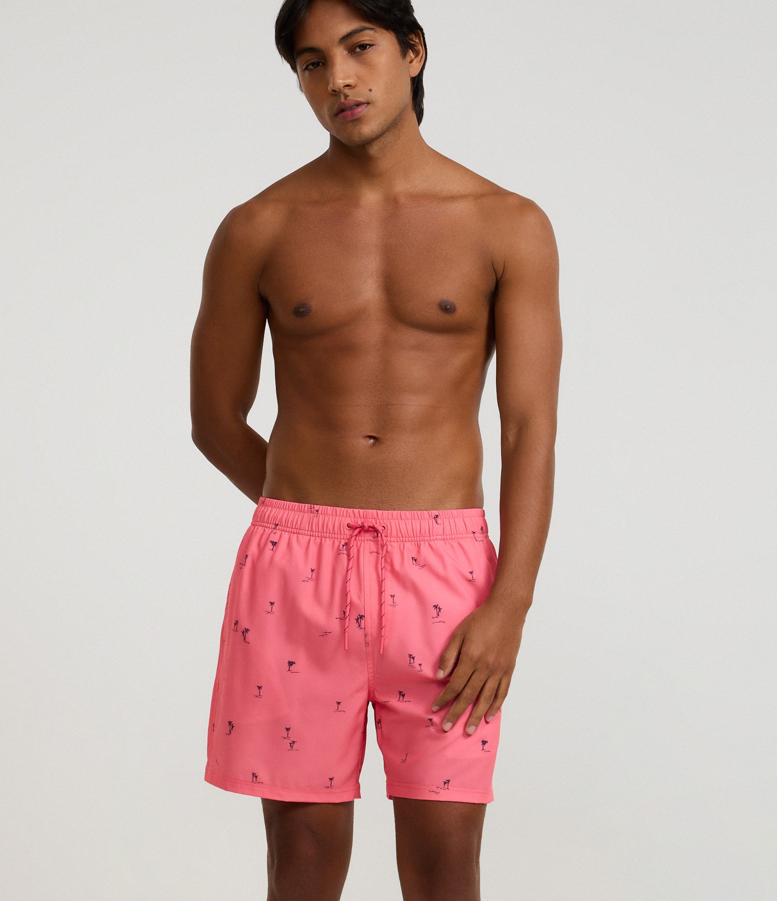 Bermuda de Banho em Microfibra com Estampa de Mini Coqueiros Rosa 1