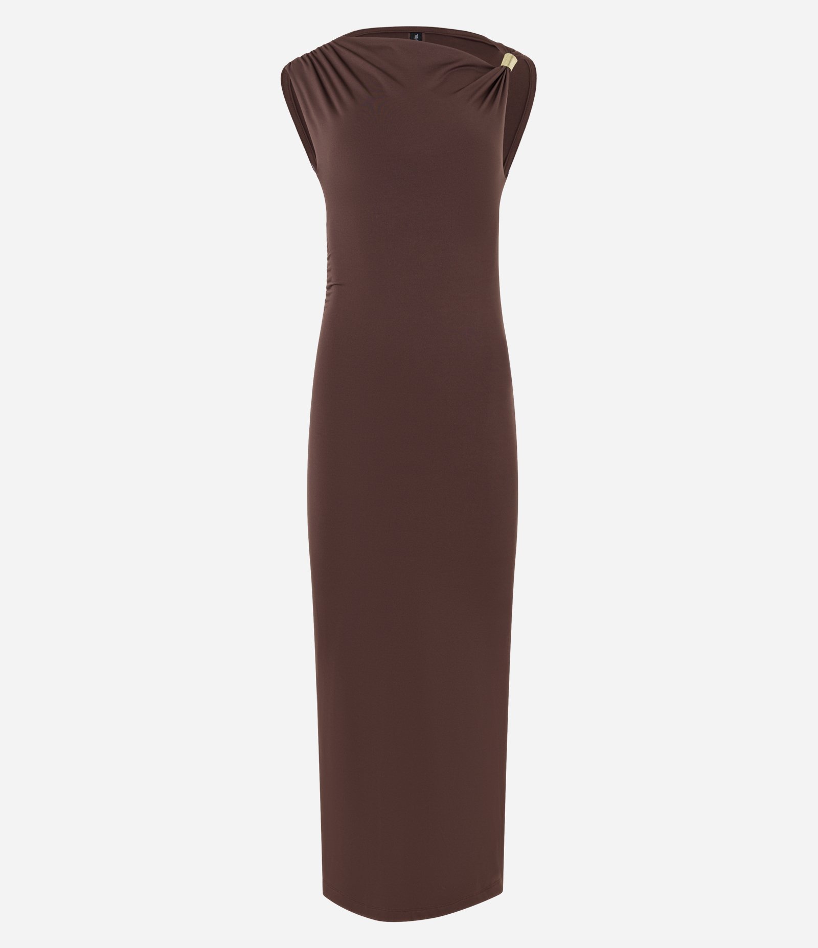 Vestido Long Midi com Franzidos e Aviamento no Ombro Marrom 6