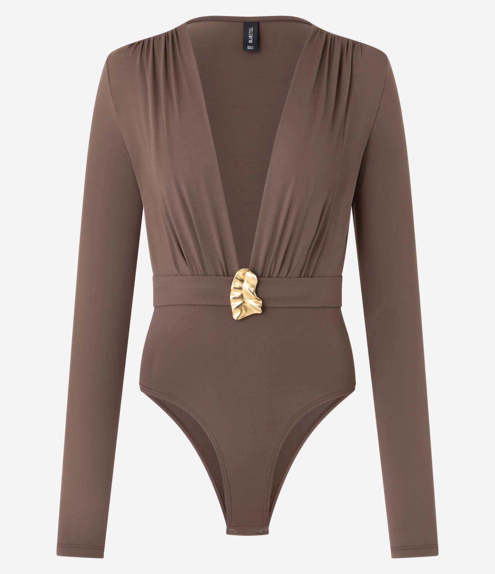 Body com Decote Profundo e Aviamento Aplicado Marrom 1
