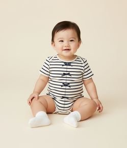 Body Infantil com Estampa Listrada e Lacinhos - Tam 0 a 18 Meses