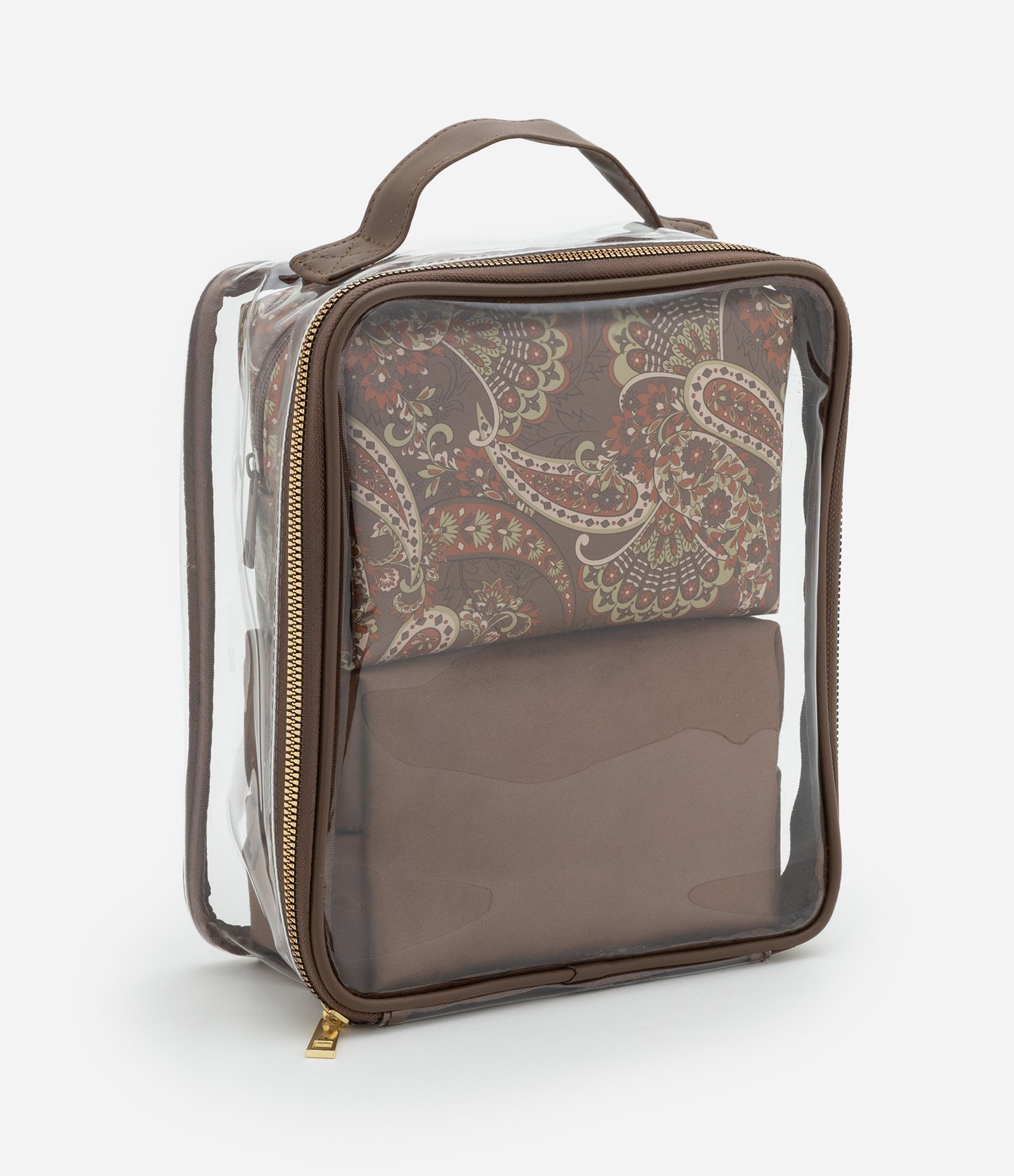 Kit 03 Necessaires com Transparência e Estampa Paisley Marrom 5