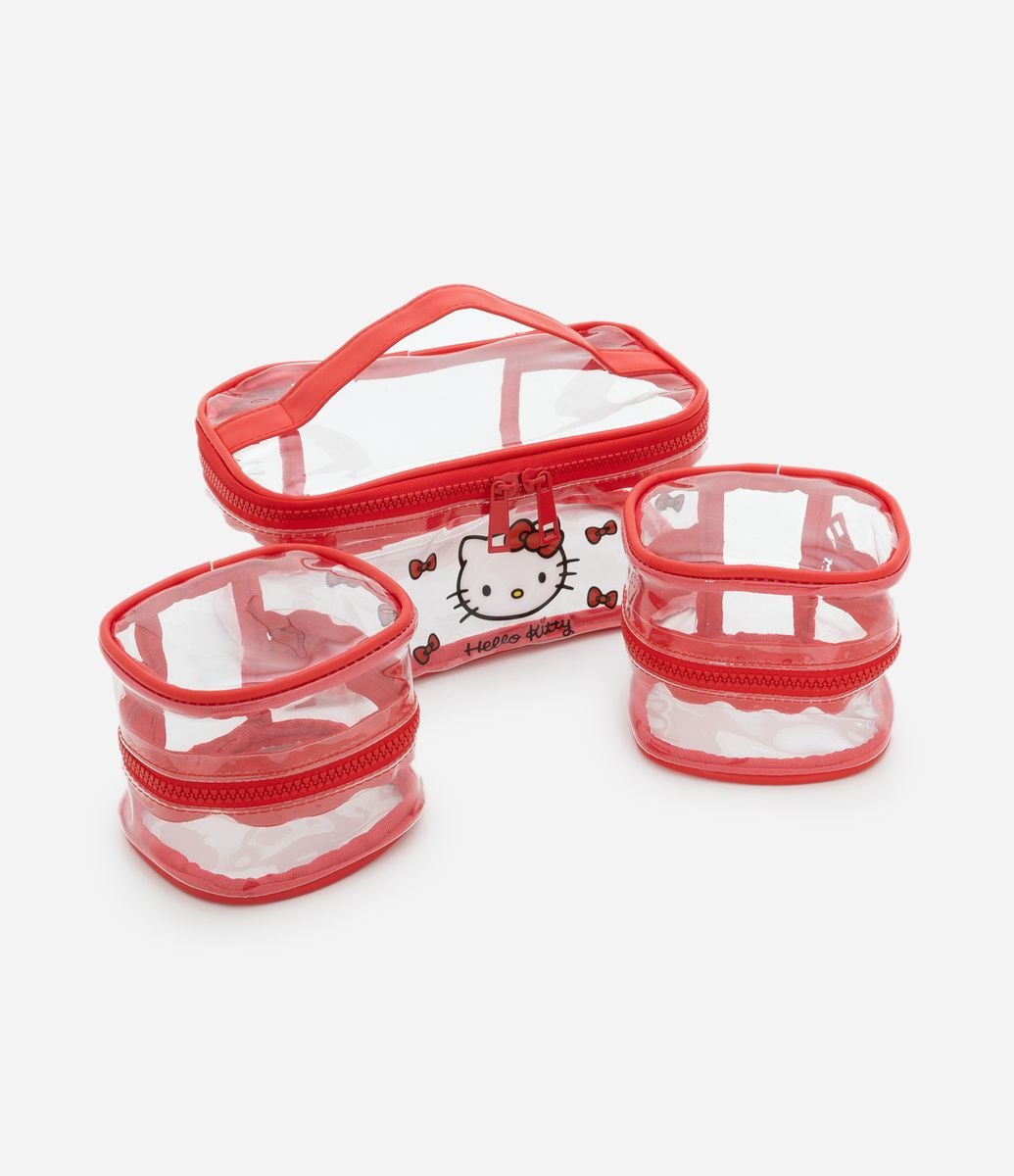 Kit 03 Nécessaires Transparentes com Estampa Hello Kitty Vermelho