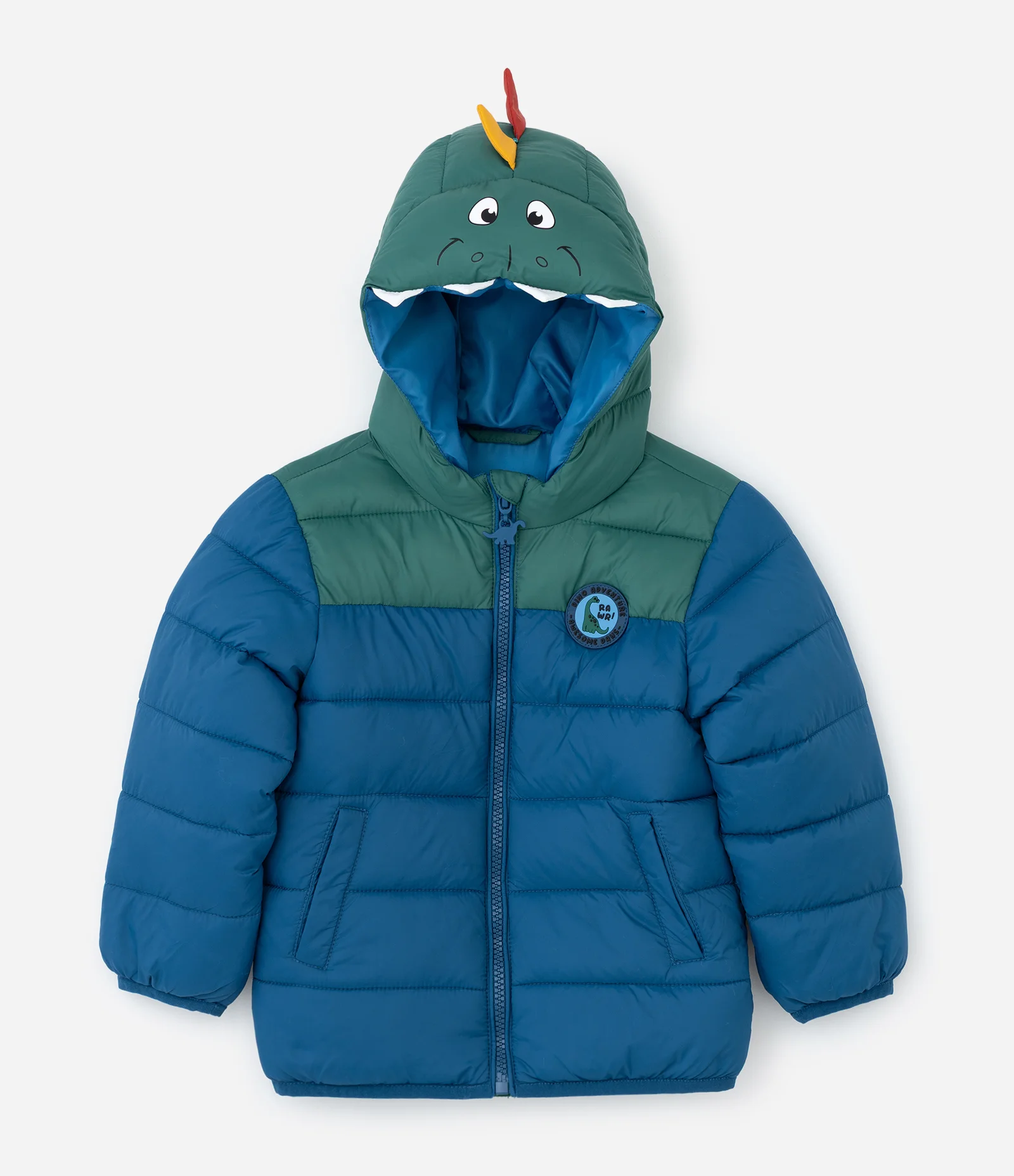 Jaqueta Infantil Puffer com Capuz de Dinossauro – Tam 1 a 6 Anos Azul/Verde 1