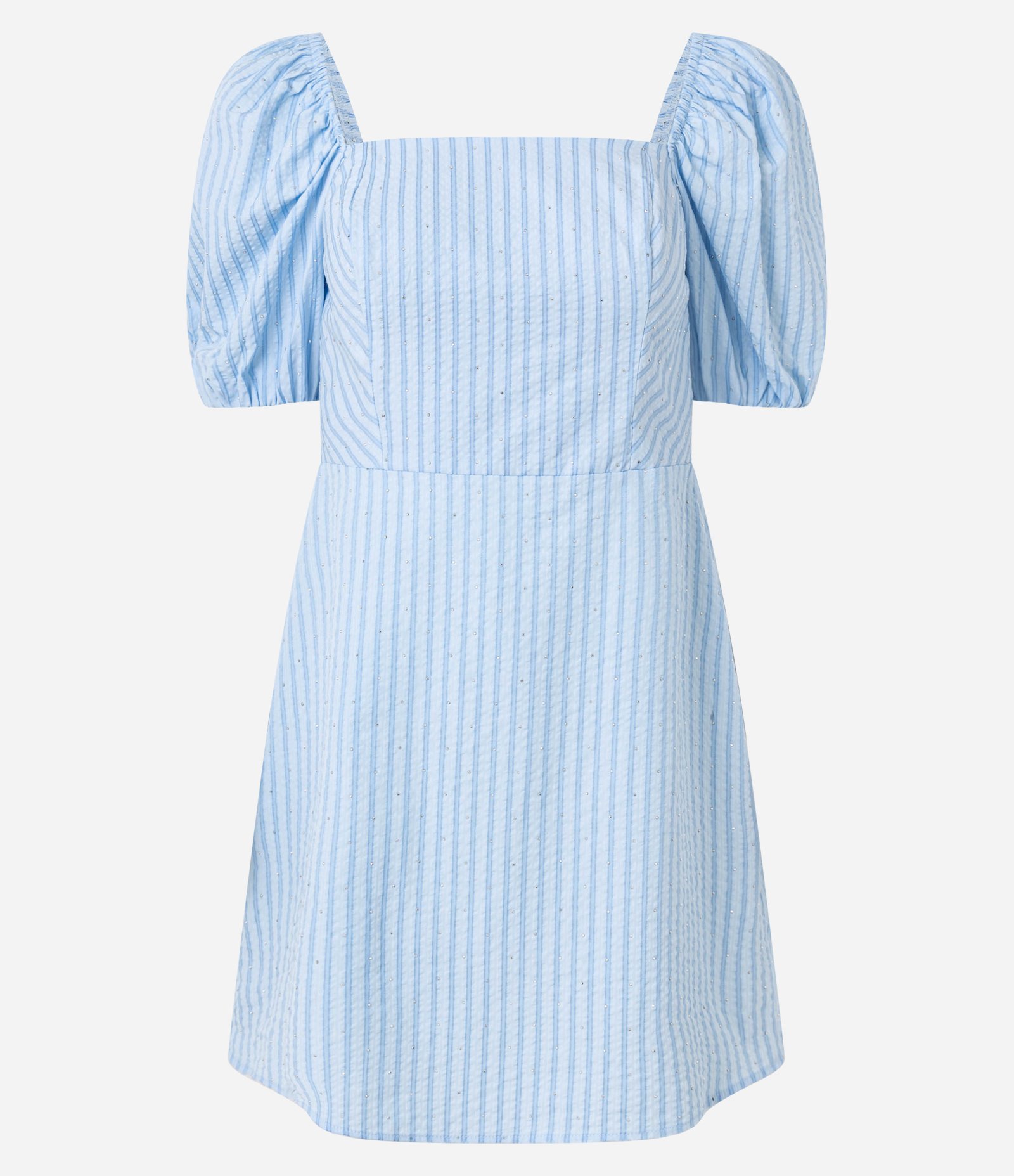 Vestido Curto em Tricoline Listrado com Manga Bufante e Brilhinhos Azul 6