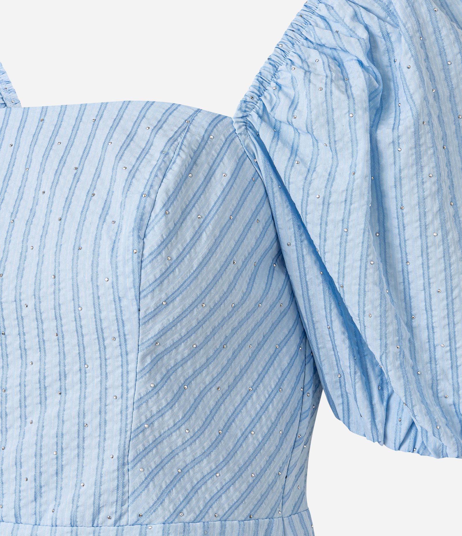 Vestido Curto em Tricoline Listrado com Manga Bufante e Brilhinhos Azul 7