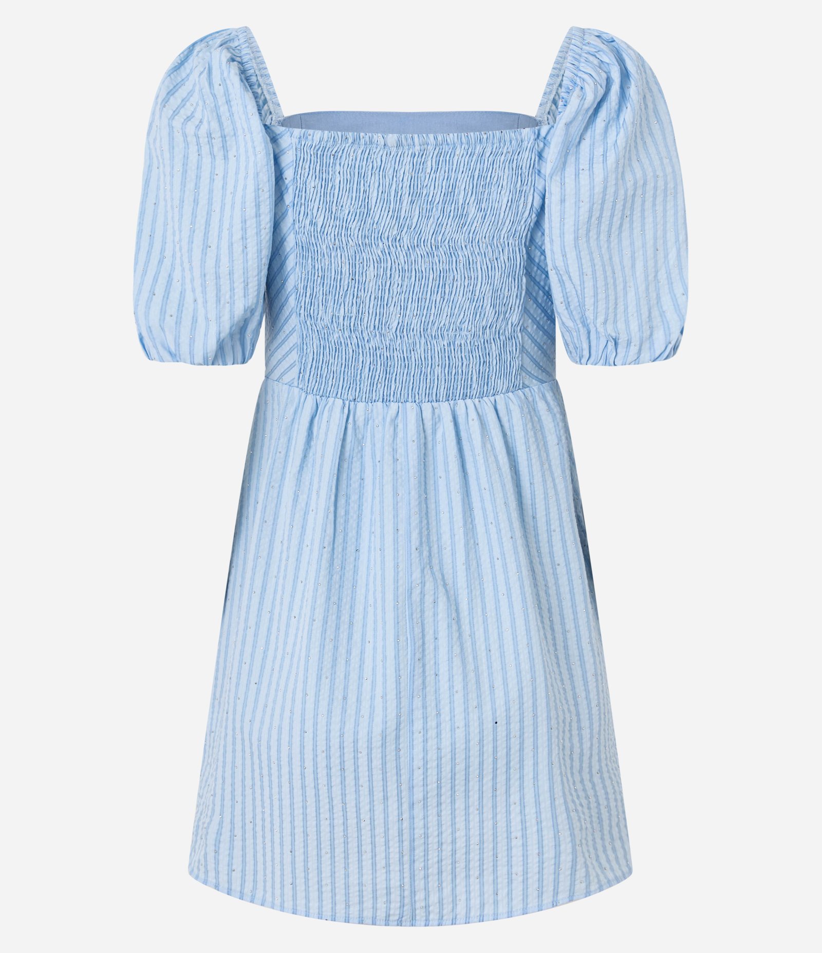 Vestido Curto em Tricoline Listrado com Manga Bufante e Brilhinhos Azul 8