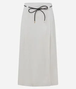 Saia Midi Reta em Viscolinho com Fenda e Cintinho