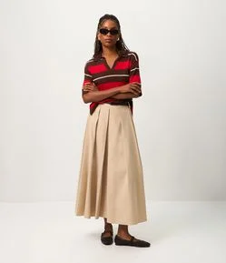 Saia Midi com Pregas Frontais e Cinto Fino