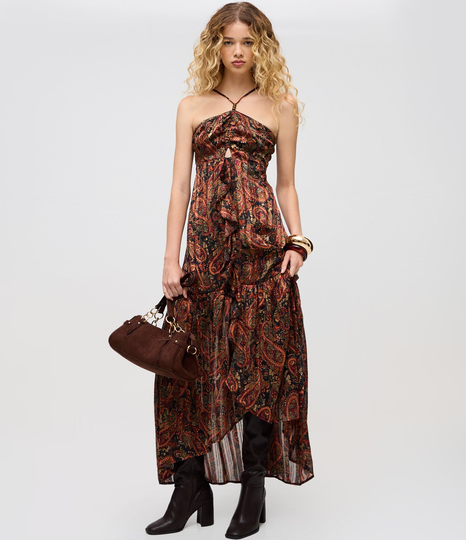 Vestido Longo Estampado com Alças Finas e Decote Halter Marrom 3