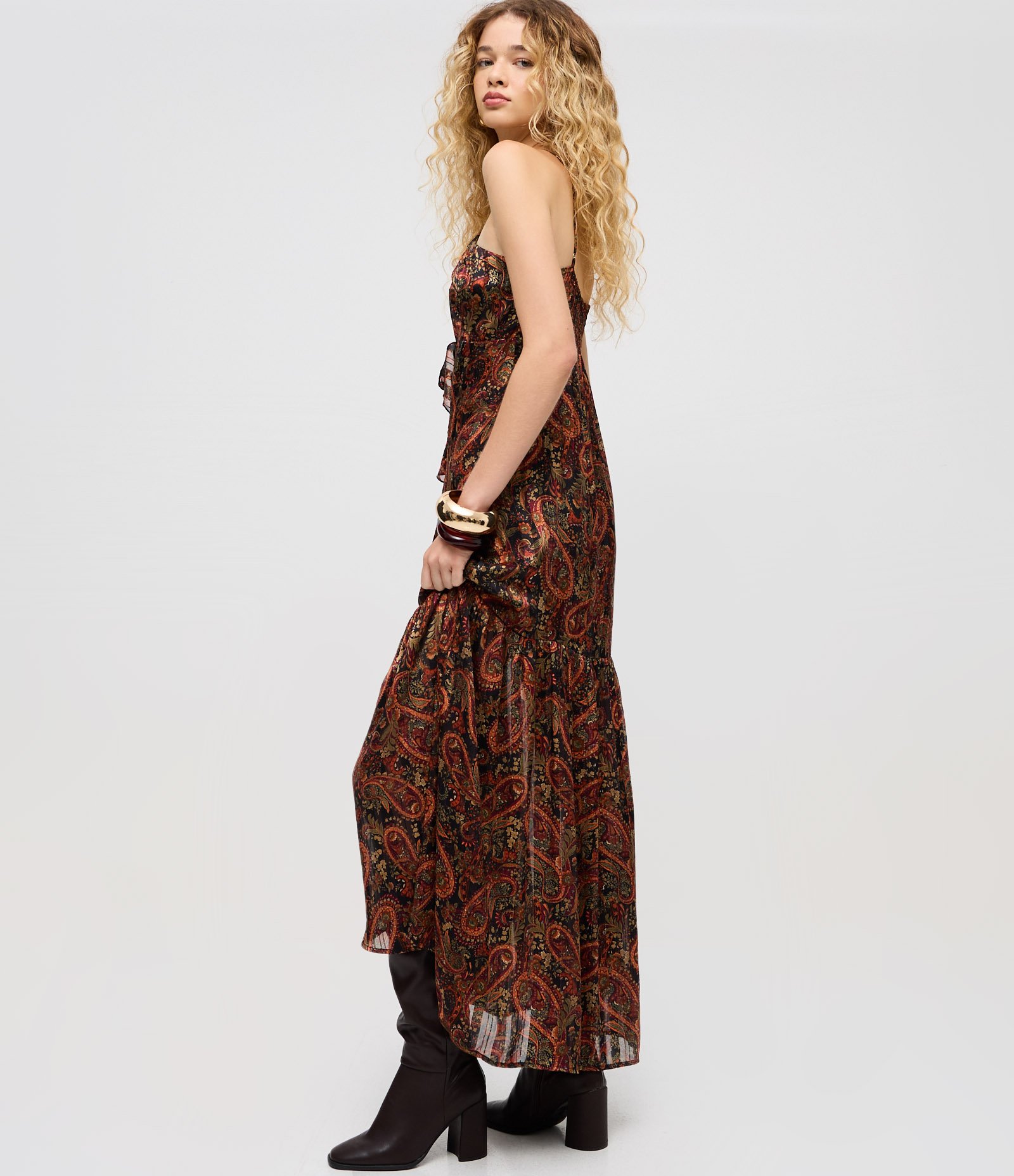 Vestido Longo Estampado com Alças Finas e Decote Halter Marrom 5