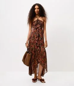 Vestido Longo Estampa Paisley com Alças Finas e Decote Halter