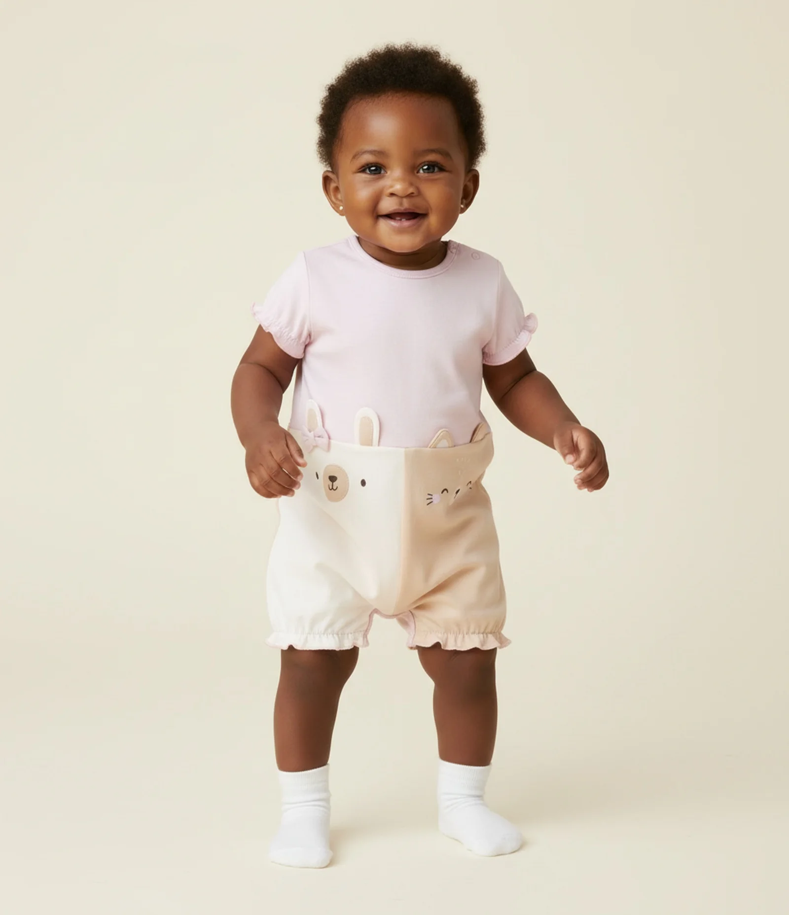 Macaquinho Infantil com Estampa de Gato e Coelho com Orelhinhas Aplicadas - Tam RN a 18 Meses Rosa 1