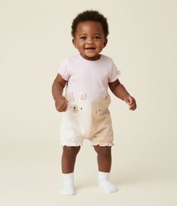 Macaquinho Infantil com Estampa de Gato e Coelho com Orelhinhas Aplicadas - Tam RN a 18 Meses