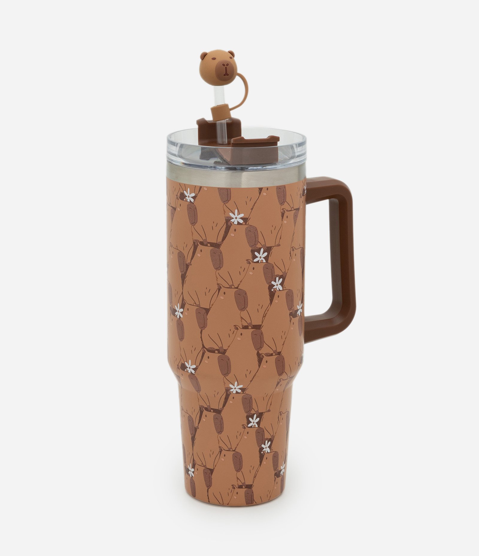 Copo Térmico com Estampa Capivara e Protetor de Canudo Marrom 1