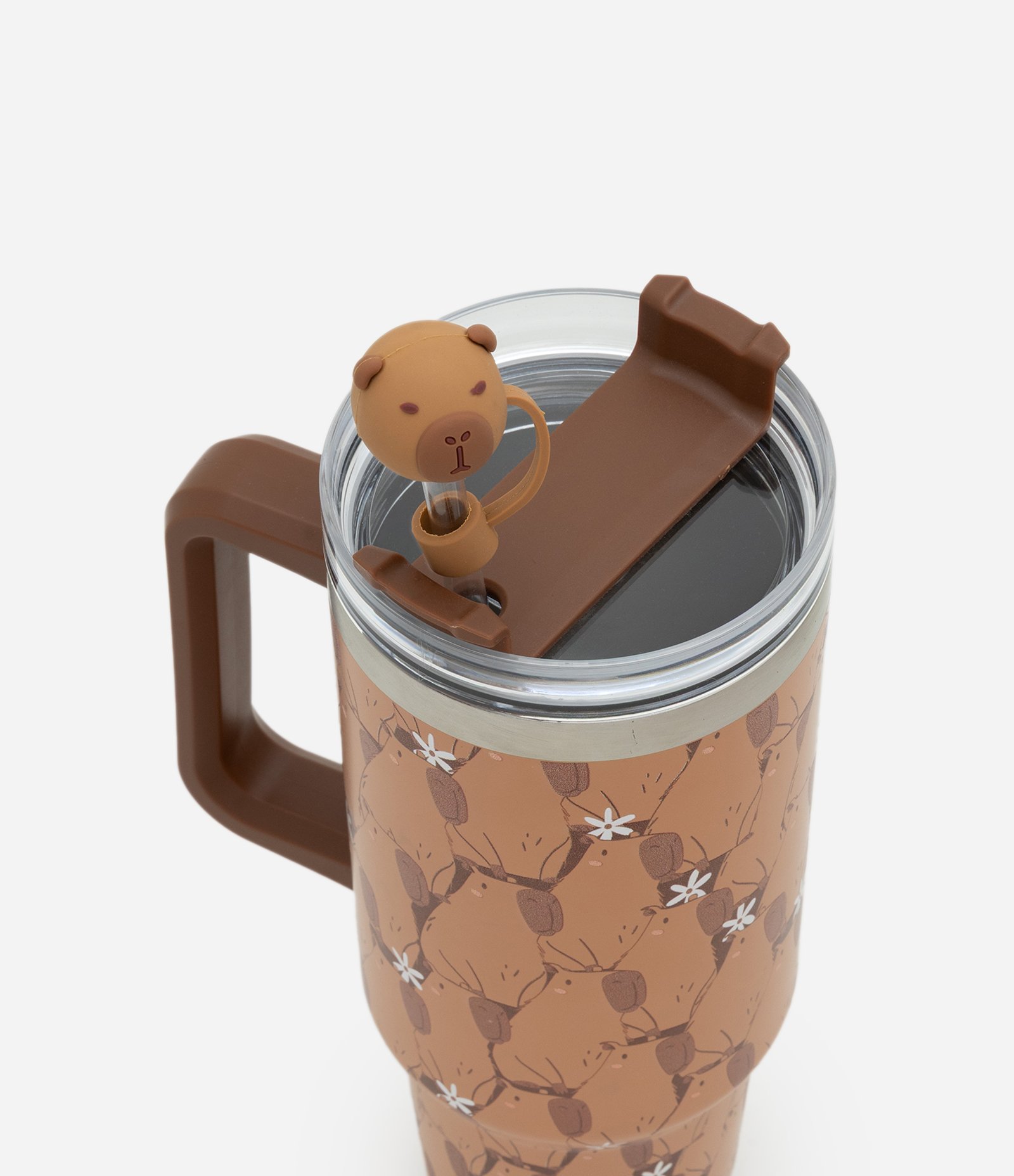 Copo Térmico com Estampa Capivara e Protetor de Canudo Marrom 2