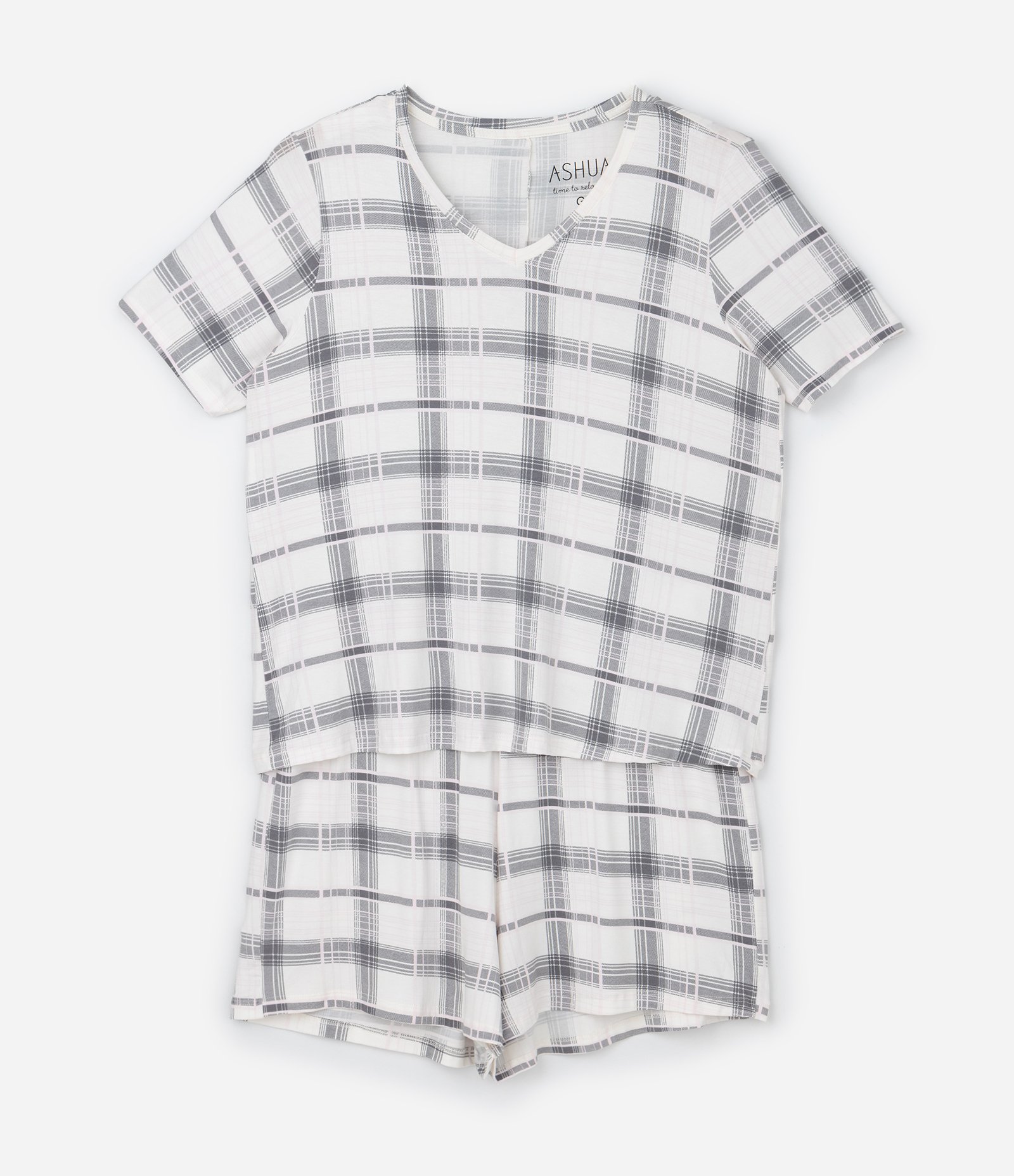 Pijama Curto em Viscose com Estampa Xadrez Curve & Plus Size Branco/Cinza 1