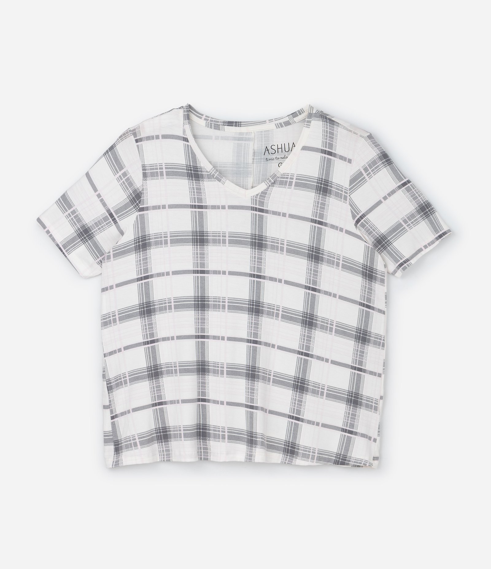 Pijama Curto em Viscose com Estampa Xadrez Curve & Plus Size Branco/Cinza 2